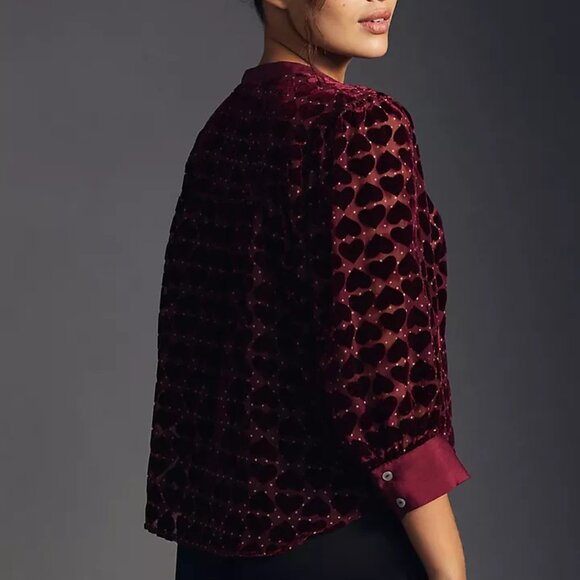 Anthropologie Maeve Velvet Burnout Blouse Heart Red Sheer Top - Picture 8 of 14